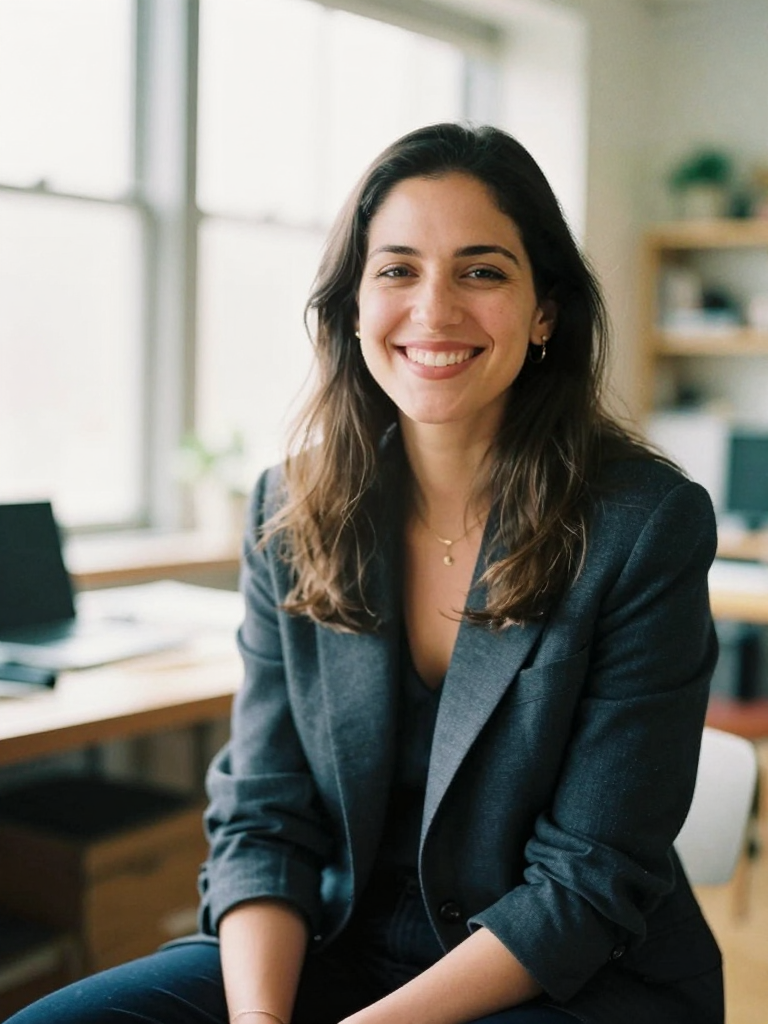 A founder smiling in a bright studio office