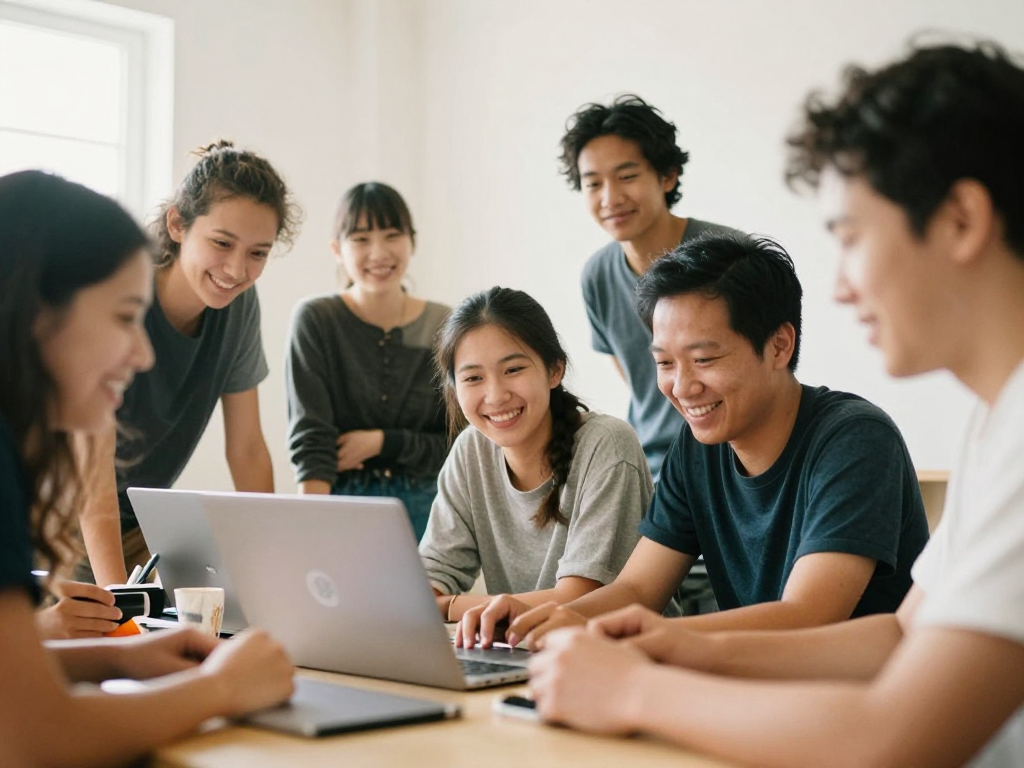 A diverse Scaleap team collaborating around a laptop