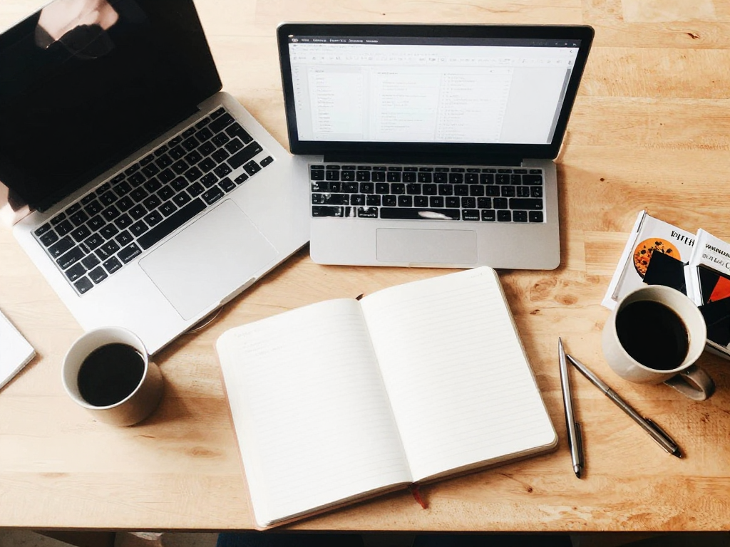 A tidy creative workspace with a laptop, notebook and design tools